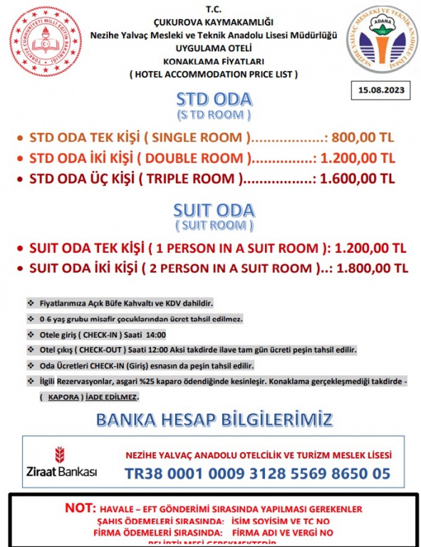 Adana Çukurova Nezihe Yalvaç Uygulama Oteli 2023 konaklama fiyatları ücretleri